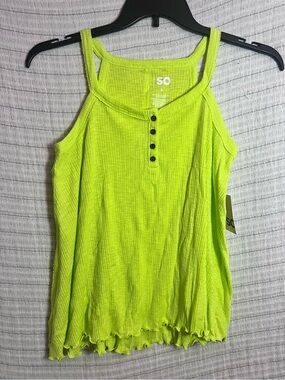 SO Neon Lime Ribbed Swing Tank Top with Button Placket